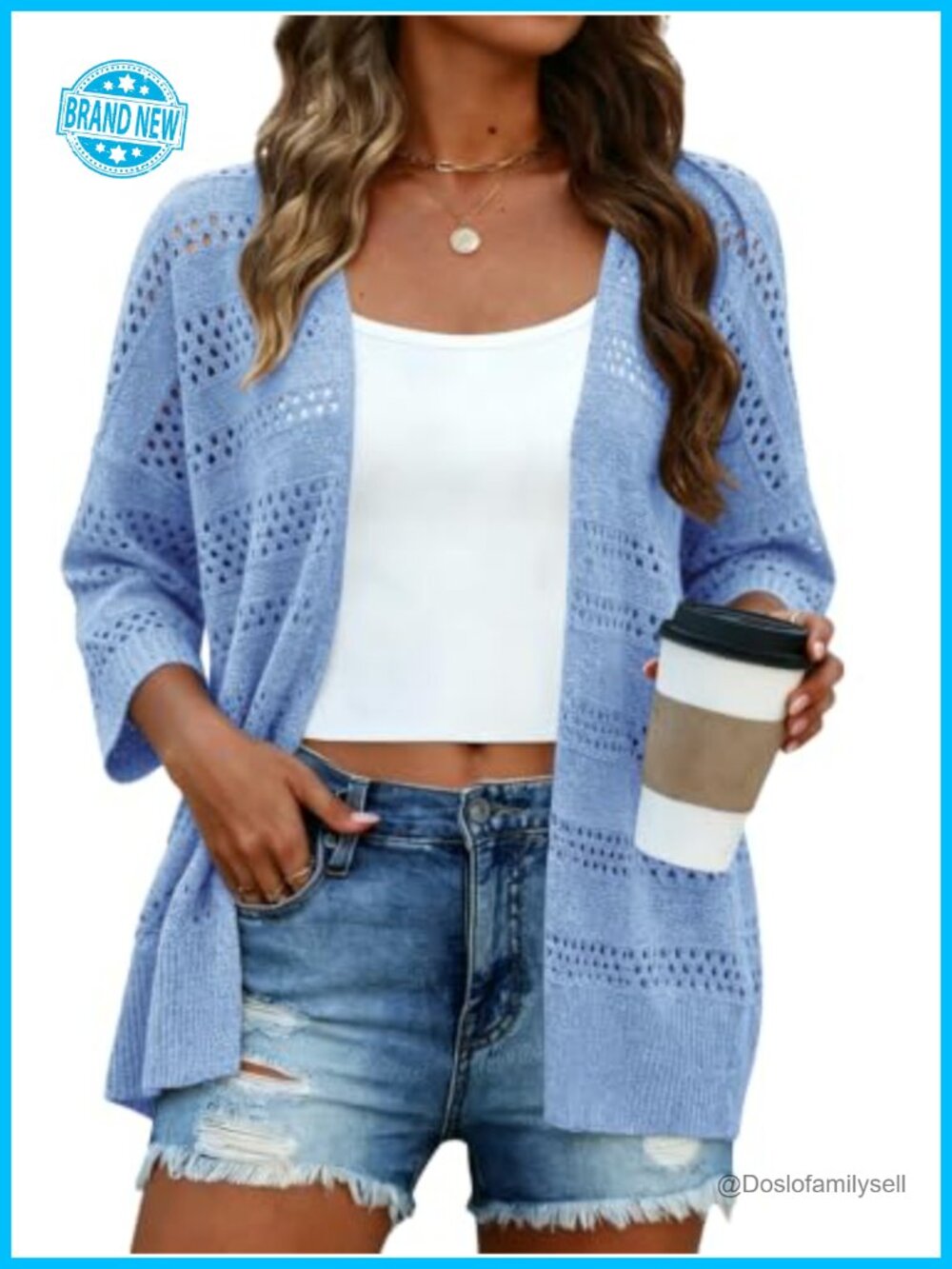 Womens Crochet Cardigan Lightweight 3/4 Sleeve Open Front Summer Sweater